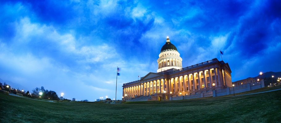 Utah Capitol Building with lights on as the sun sets